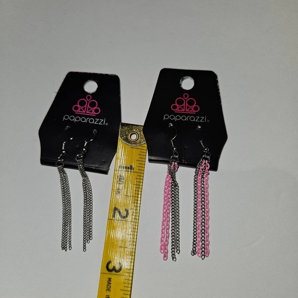 NEW Paparazzi Chainlink Earrings 2 Pair Silver Pink Dangle Drop Tassel NWT - Picture 2 of 3